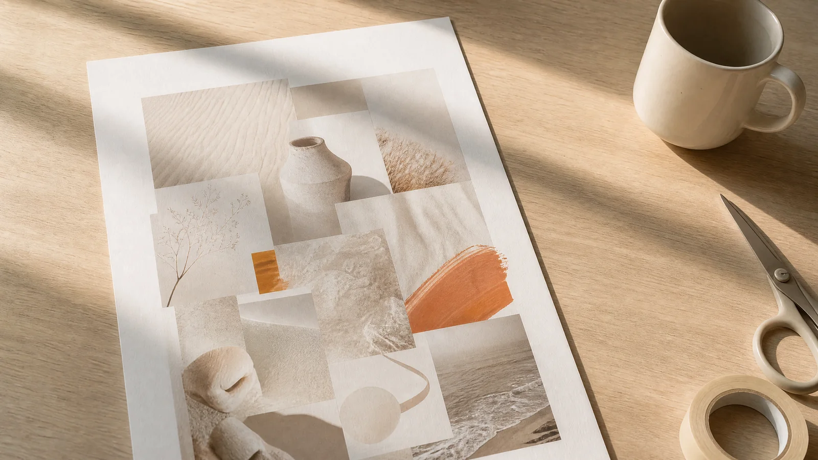 A freshly printed collage poster on a desk beside a laptop, a mug,
scissors and a roll of tape.