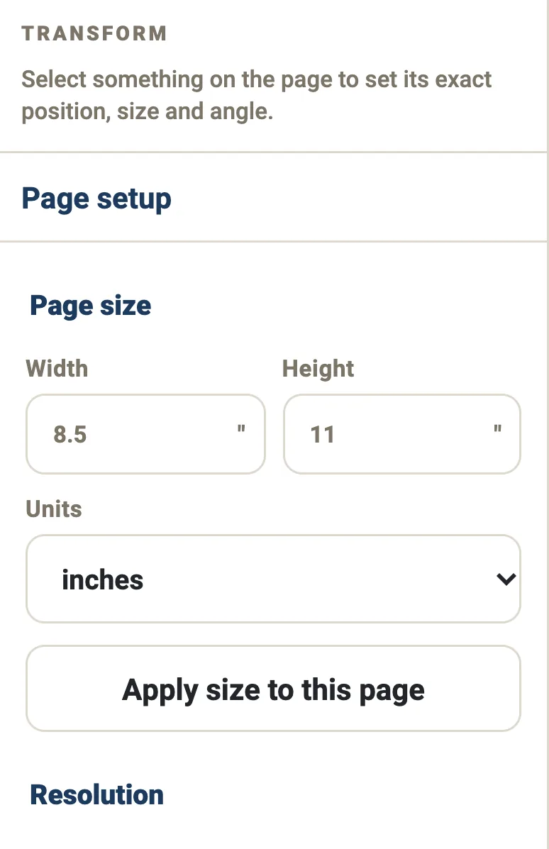 The Crevano page setup panel: width 8.5 and height 11 inches, a unit
                 selector reading inches, an Apply size to this page button, and a
                 resolution set to 300 — best for printing.