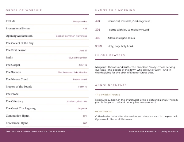 Plum and Amber Warm 11×8.5 Bi-Fold Church Bulletin — Inside