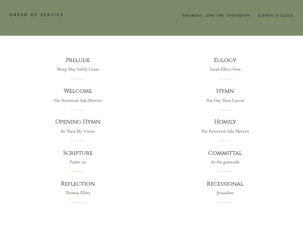 Sage and Bone Classic 11×8.5 Bi-Fold Funeral Program — Inside