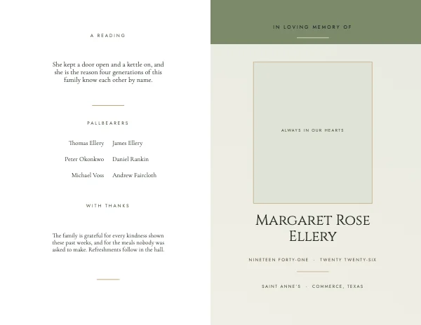Sage and Bone Classic 11×8.5 Bi-Fold Funeral Program