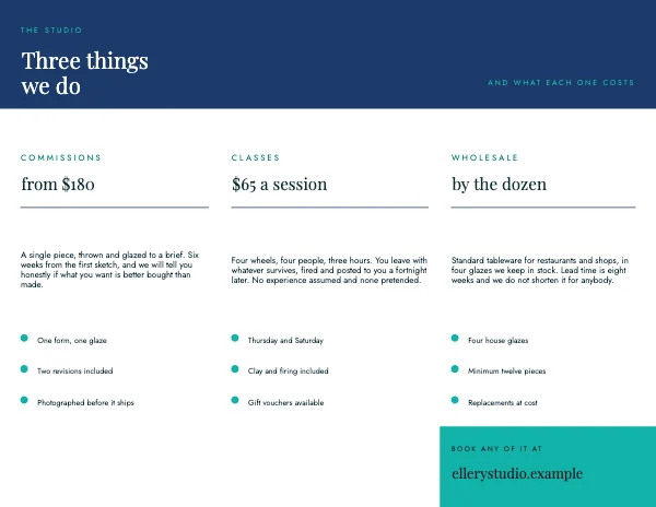 Mint and Navy Modern 11×8.5 Tri-Fold Services Brochure — Inside