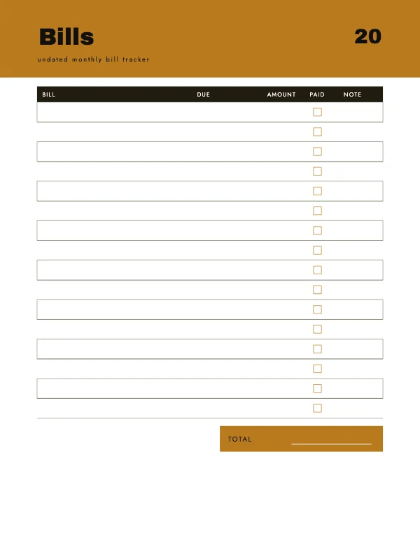 Ochre and Ink Undated 8.5 × 11 Monthly Bill Tracker