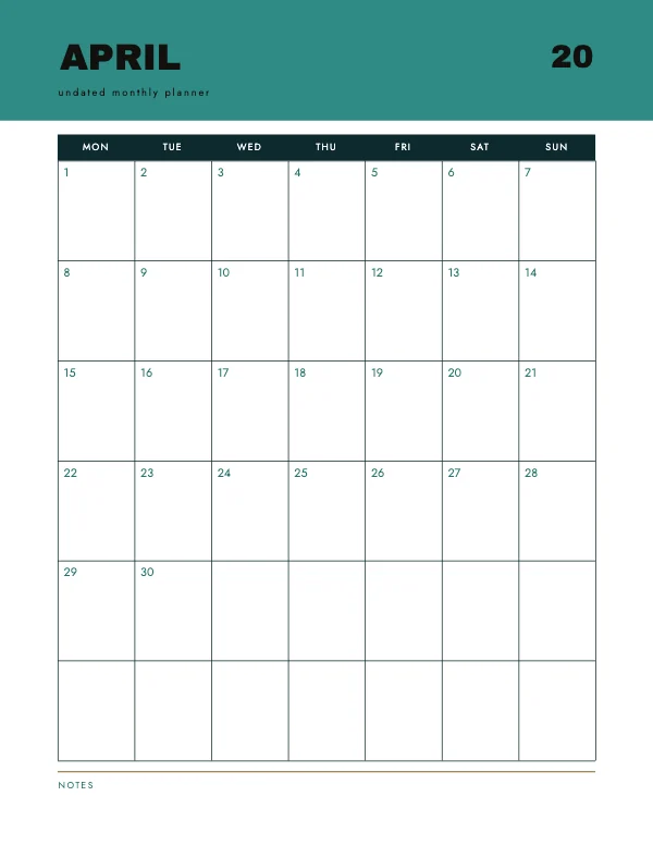 Teal and Gold Undated 8.5 × 11 Monthly Calendar