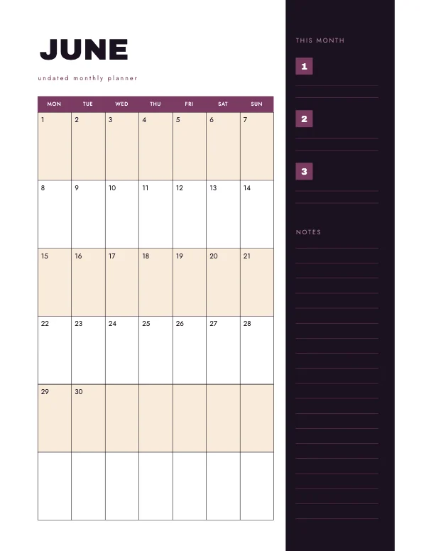 Plum and Amber Undated 8.5 × 11 Monthly Planner