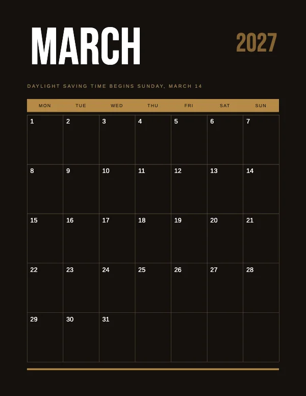 Black and Brass 8.5 × 11 Monthly Wall Calendar