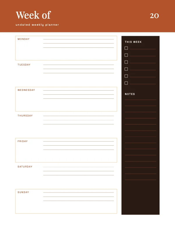 Clay and Bone Undated 8.5 × 11 Weekly Planner