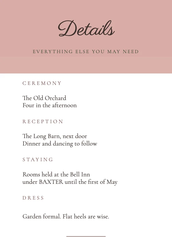 Blush and Oat Elegant 3.5×5 Wedding Details Enclosure Card
