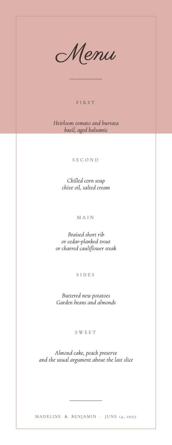 Blush and Oat Elegant 4.25×11 Tall Wedding Menu Card
