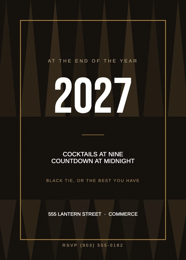 Black and Brass Deco 5×7 New Year Party Invitation