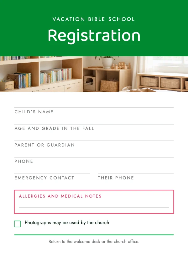 Green and Pink 5 × 7 Church VBS Registration Card