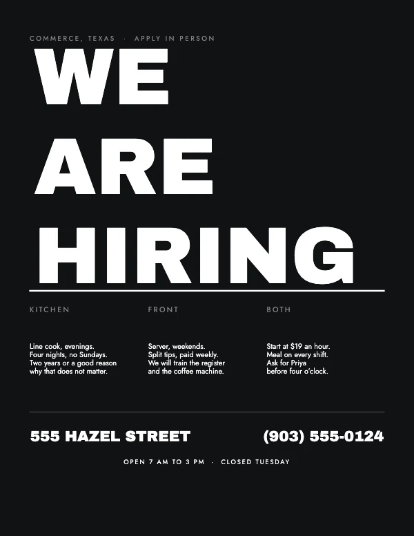 Black and White Typographic 8.5 × 11 Hiring Flyer