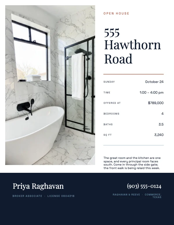 Coral and Navy Modern 8.5 × 11 Open House Flyer