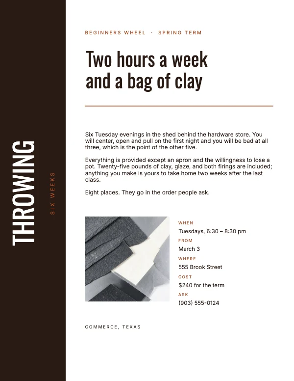 Clay and Bone Warm 8.5 × 11 Workshop Flyer