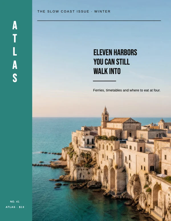Teal and Limestone Spine 8.5×11 Full-Bleed Travel Magazine Cover
