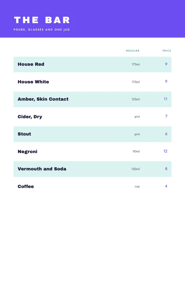 Violet and Mint 8.5 × 14 in Drinks List Menu