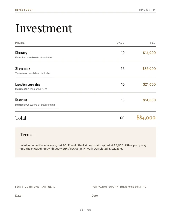 Black and Brass Professional 8.5 × 11 Services Proposal — Investment