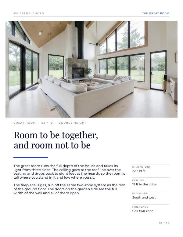 Blue and Flame 8.5 × 11 Real Estate Property Listing Book — The great room