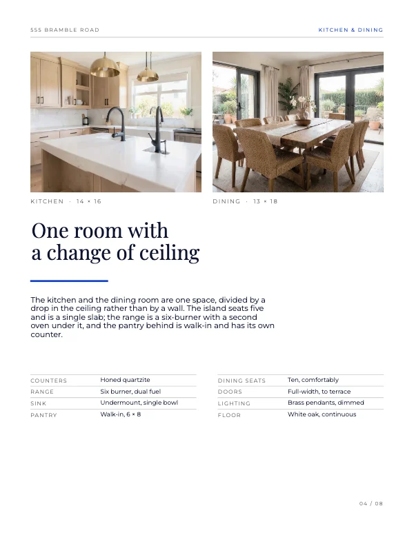 Blue and Flame 8.5 × 11 Real Estate Property Listing Book — Kitchen and dining