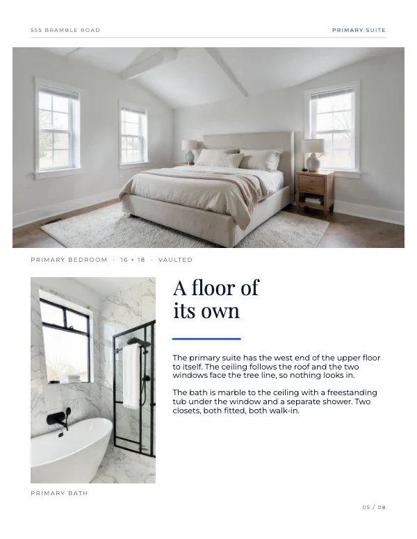 Blue and Flame 8.5 × 11 Real Estate Property Listing Book — Primary suite