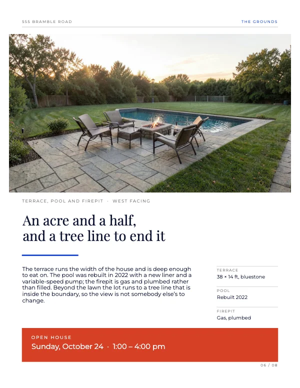 Blue and Flame 8.5 × 11 Real Estate Property Listing Book — The grounds