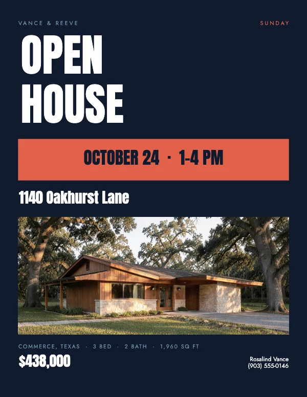 Coral and Navy Bold 8.5 × 11 Real Estate Open House Flyer