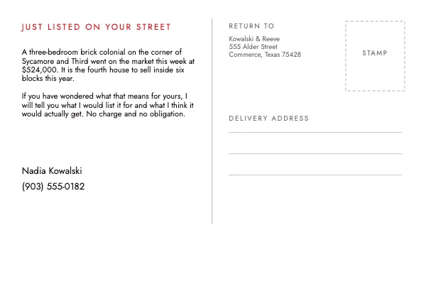 Red and Gold 6 × 4 Real Estate Just Listed Postcard — Back