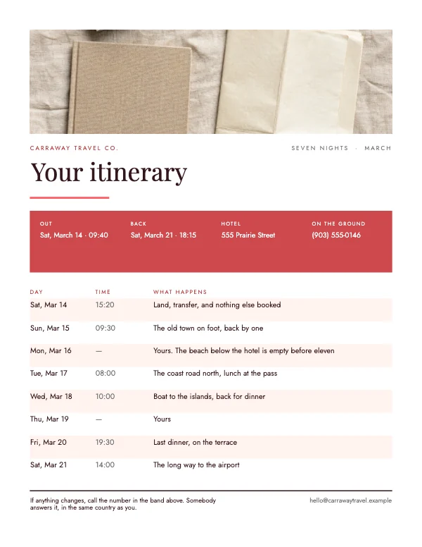 Coral and Butter 8.5 × 11 Travel Trip Itinerary