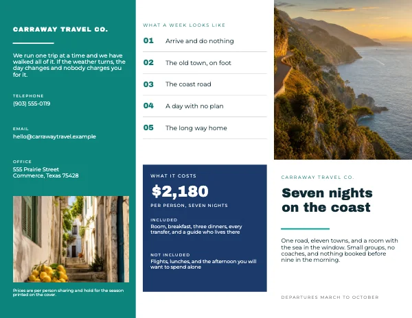 Mint and Navy 11 × 8.5 Travel Destination Tri-Fold Brochure