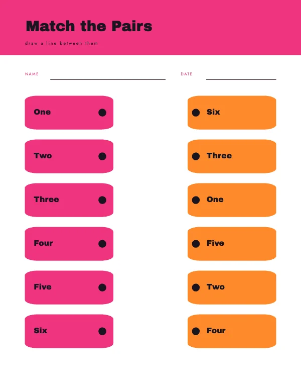 Pink and Peach 8.5 × 11 in Matching Pairs Worksheet