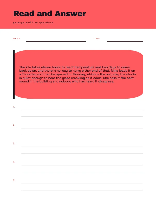 Coral and Butter 8.5 × 11 in Reading Comprehension Worksheet